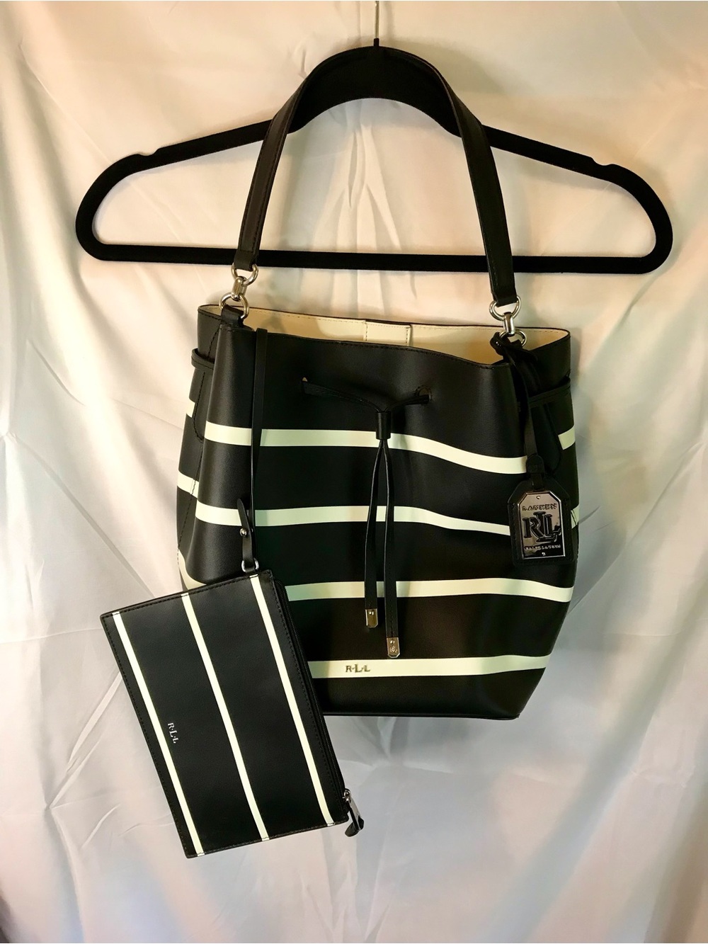 Lauren Ralph Lauren Black & White Striped Debby Drawstring Bucket Bag with Pouch